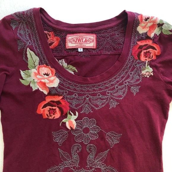 Johnny Was Burgundy Floral Embroidered Top - Picture 4 of 13